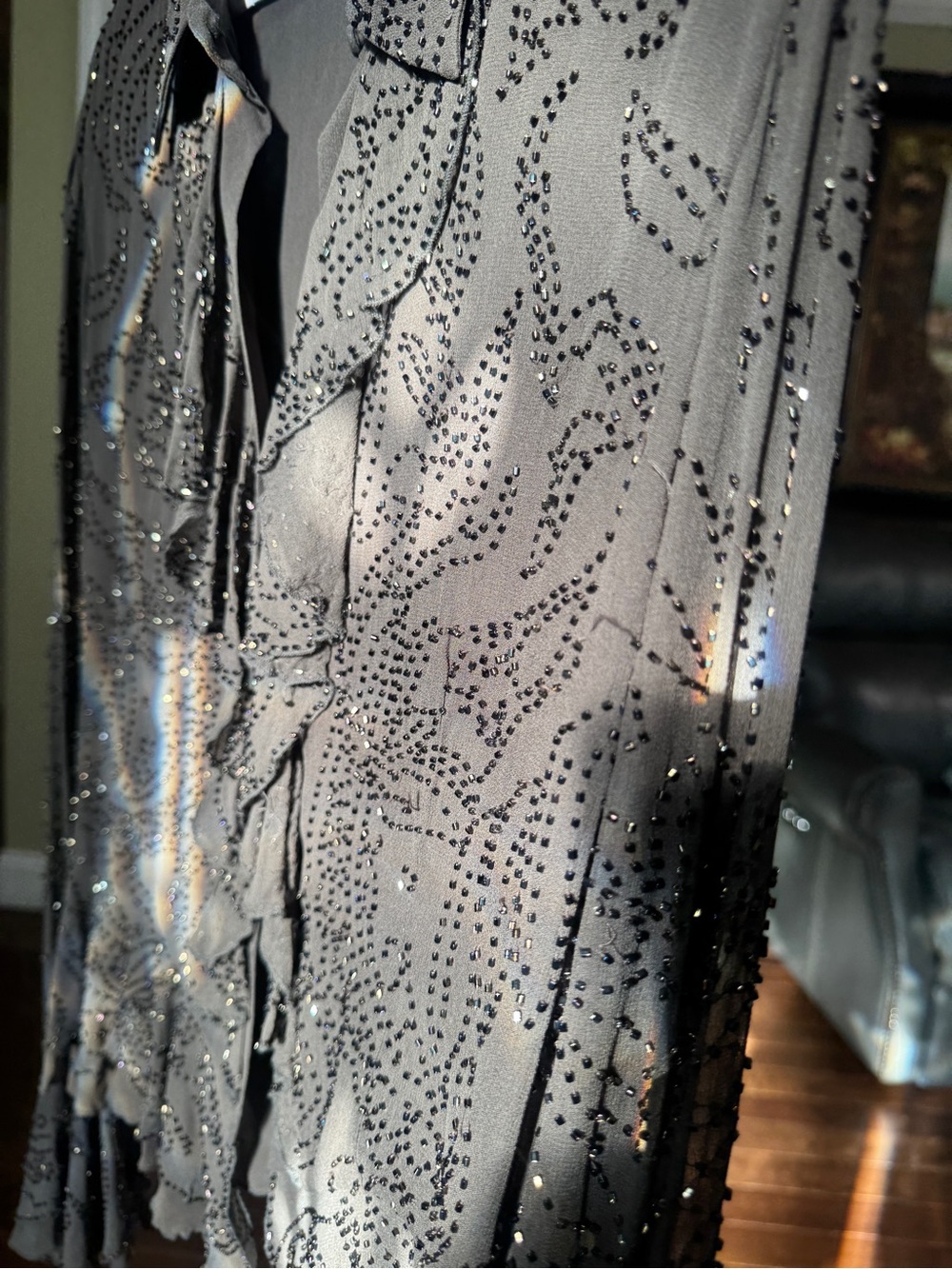 Women's Black Beaded Ruffle Front Button-Down Blouse - Picture 7 of 8